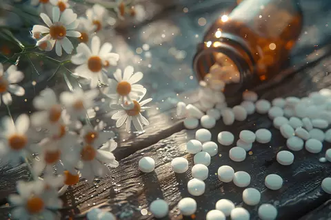 Kamillenblumen und Globuli